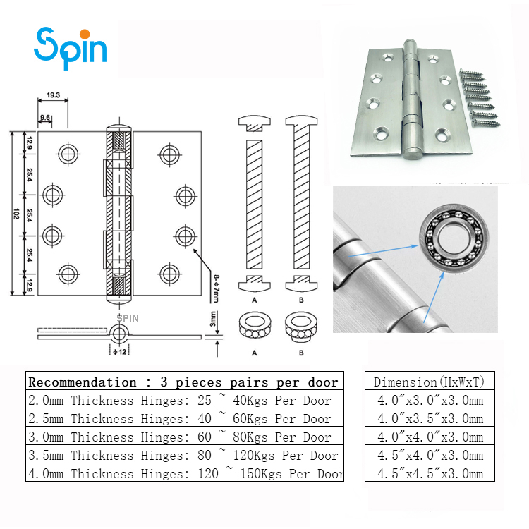 4*4*3mm thickness 2BB 4BB Wooden hinges Door Butt Brass Bronze Stainless Steel door flat hinge