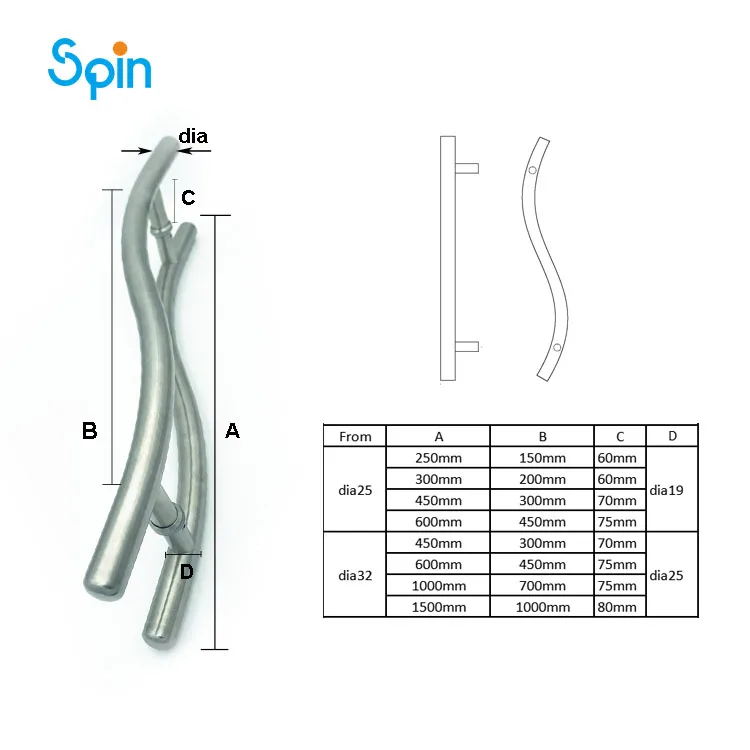 SPH25 Stainless Steel Commercial Pull Door Handle Thickened Glass Shower Door Shower Handle