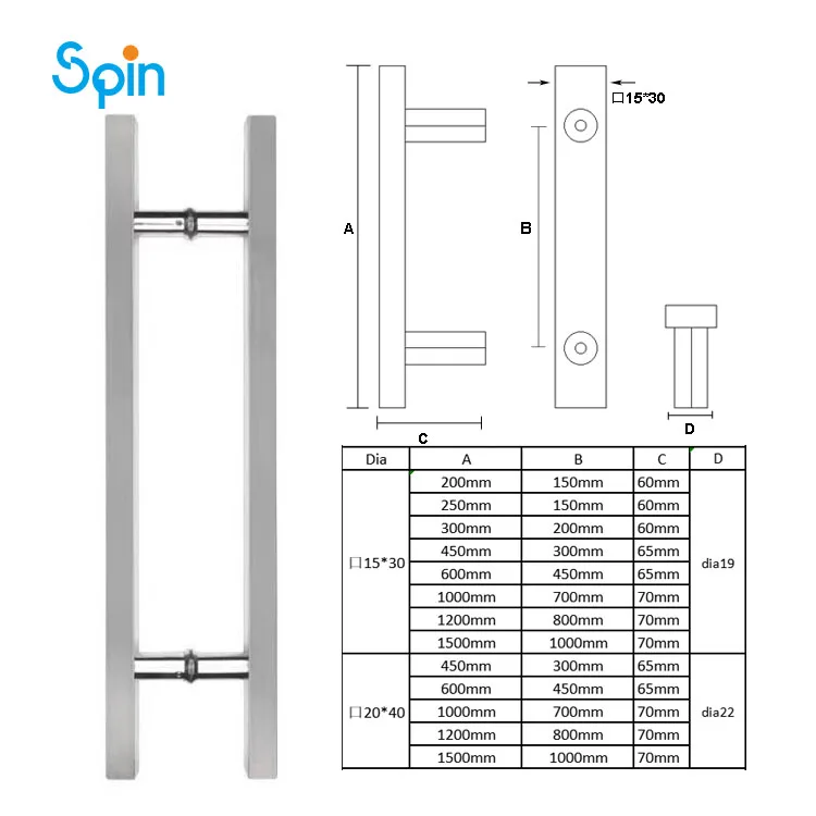 SPH31 Hot Sale Glass Door Pulls Handles Square H Type 304 Double Side Glass Door Pull Handle